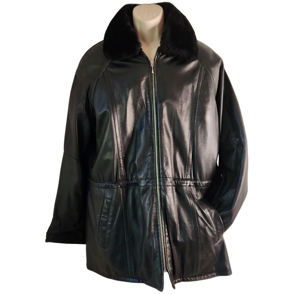 Wilson’s Pelle Studio Vtg. Black Leather Mid Length Faux Fur Coat Thinsulate
